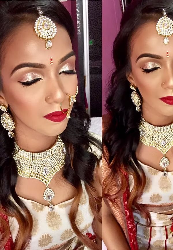 Bridal makeup with kundan jewellery, nose ring and red lips